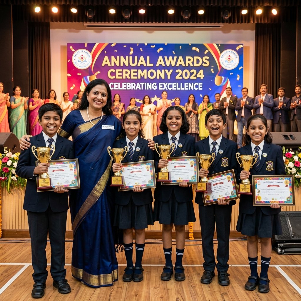 Students with trophies and certificates